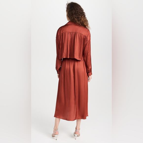 MISA Blair Dress Burnt Orange Satin Midi Long Sleeve Open Back Belted XS NWT - Picture 4 of 14